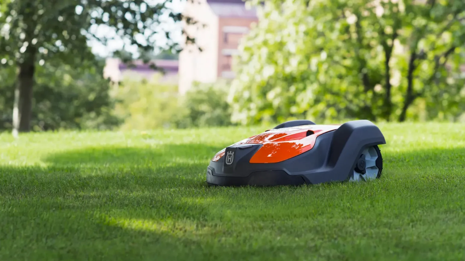 En röd och svart robotgräsklippare rör sig över en gräsmatta med gröna träd och suddiga byggnader i bakgrunden.