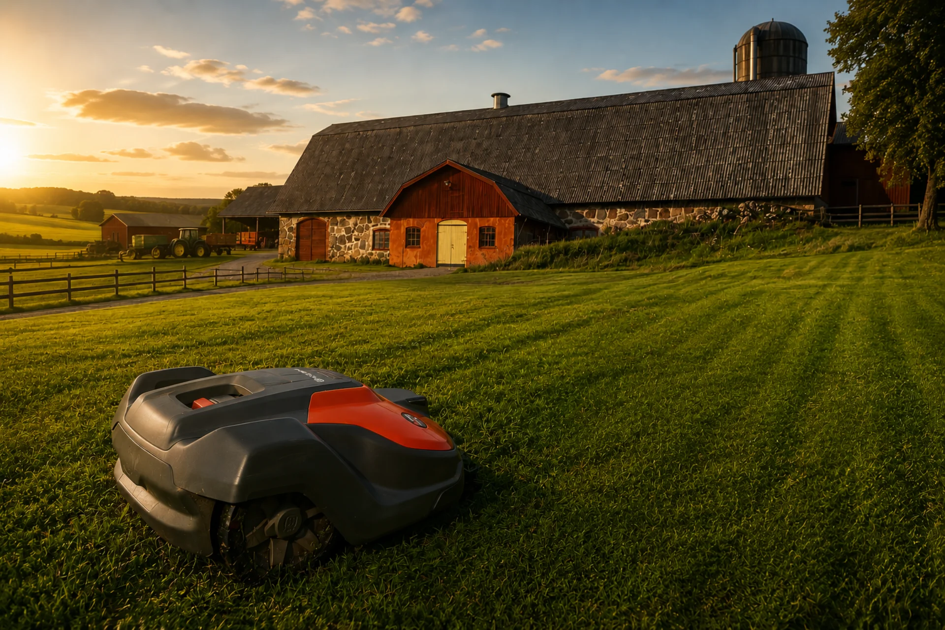 lkpg_lantbruk En robotgräsklippare klipper gräs på en stor, prydligt randig gräsmatta i solnedgången, med en rustik lada och silo i bakgrunden, omgiven av jordbruksmark och träd.